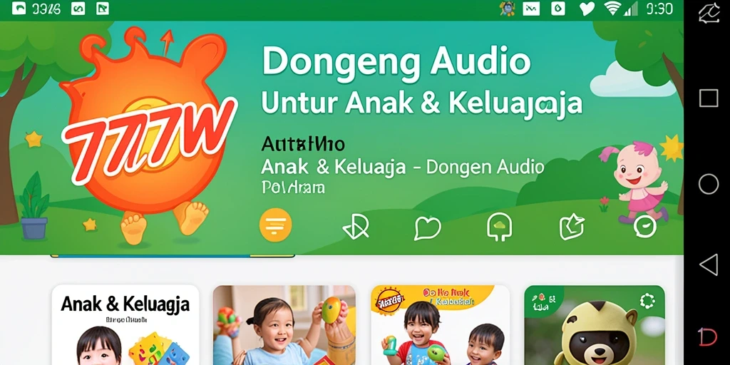 Tampilan antarmuka aplikasi 7777W dengan fitur Dongeng Audio.