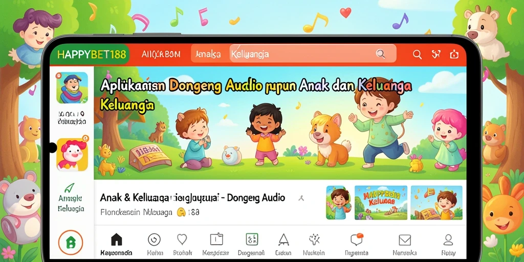 Tampilan antarmuka aplikasi HAPPYBET188 dengan berbagai pilihan dongeng audio.