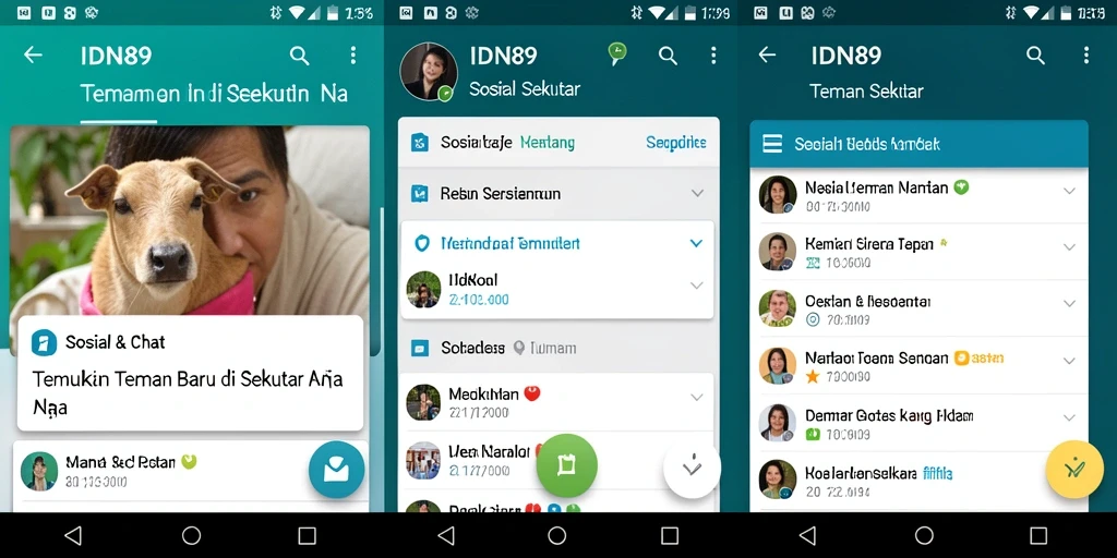 Antarmuka aplikasi IDN89 dengan fitur Teman Sekitar yang menarik.